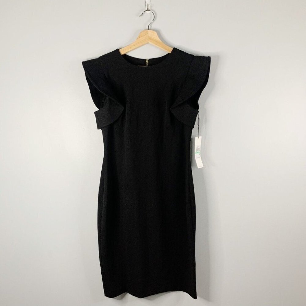 Calvin Klein Womens Black Sheath Dress NWT New Polyester Ruffle Sleeve 8 M Knee